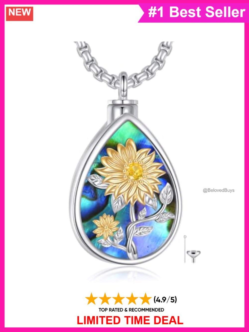 Sterling Silver Sunflower Urn Necklace Memorial Pendant Jewelry Gift